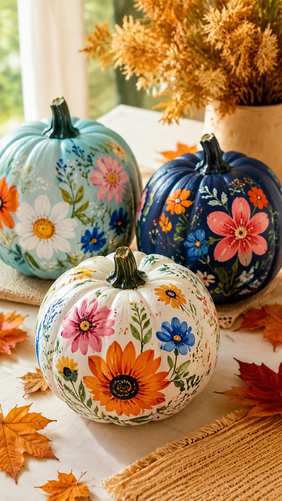 A creamy ivory pumpkin painted with coral poppy flowers and deep green leaves sits among warm fall decor.