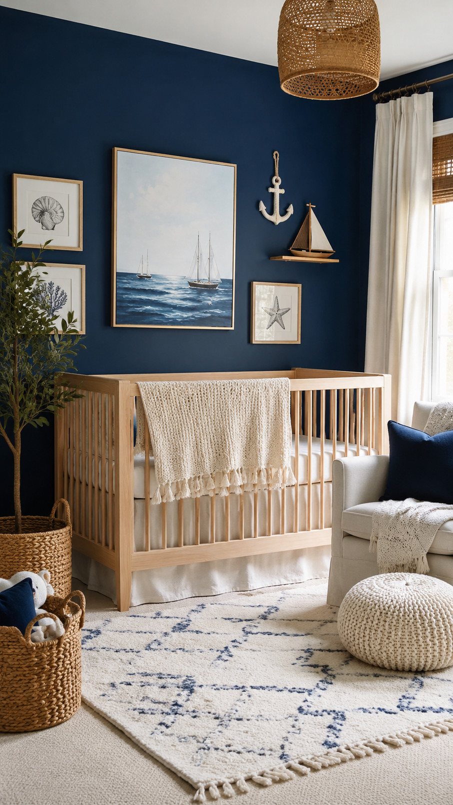 Round porthole-style wall mirror with a polished frame hanging in a navy nautical nursery.