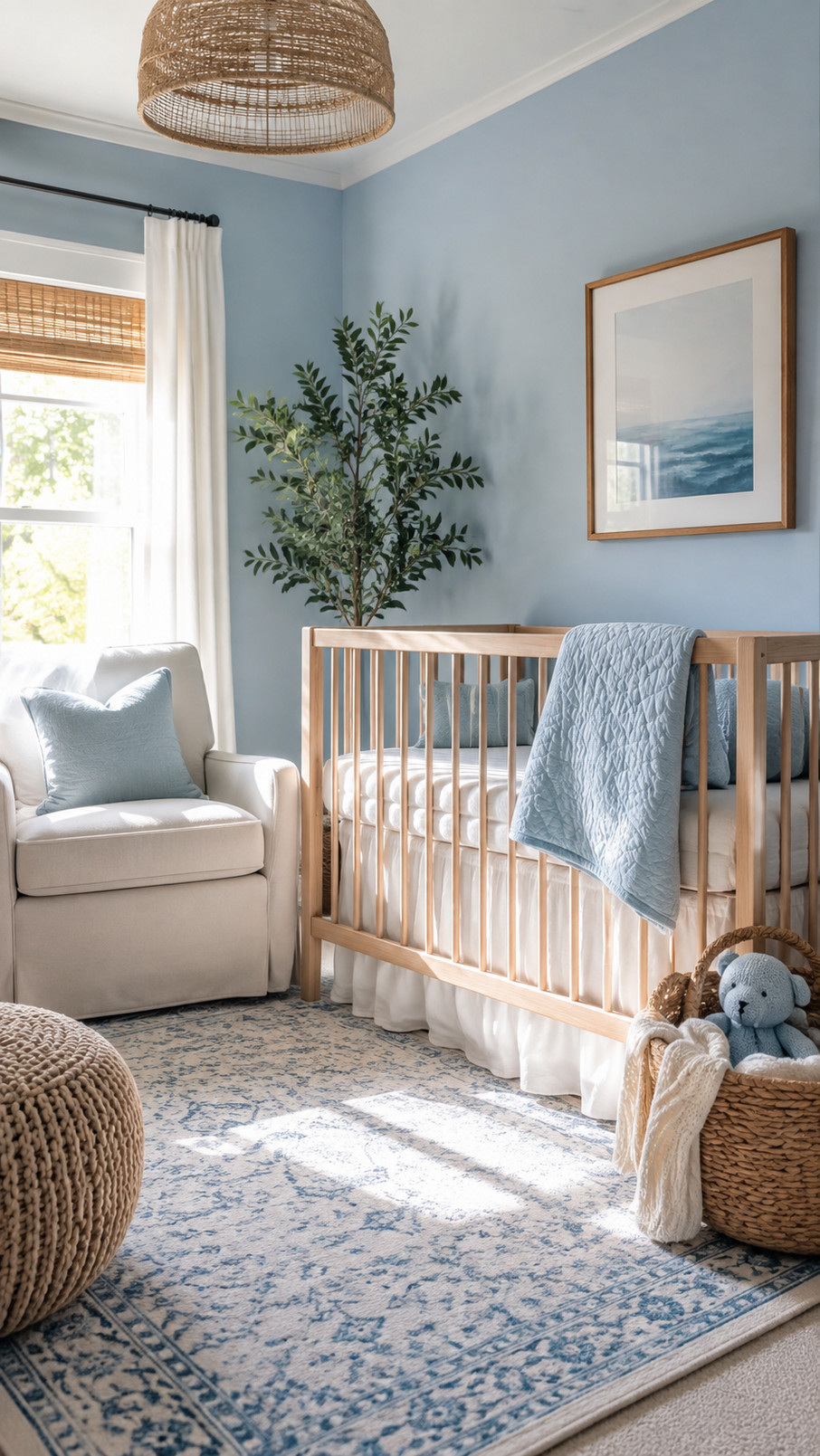 A powder blue fabric canopy draped above a crib in a serene blue nursery.
