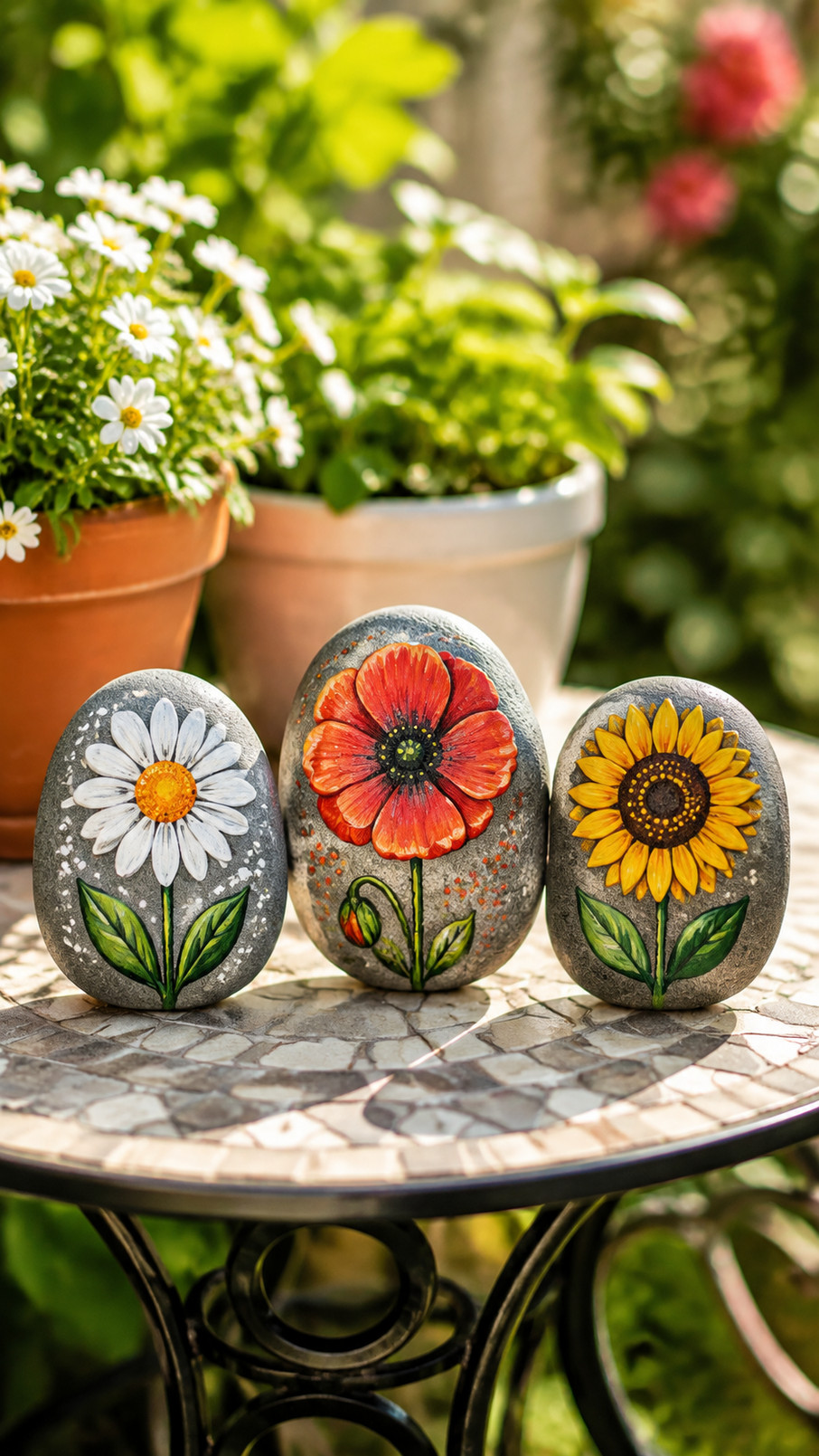 Photo of a smooth painted rock featuring blue, coral, and golden wildflowers with green stems and a speckled stone background.
