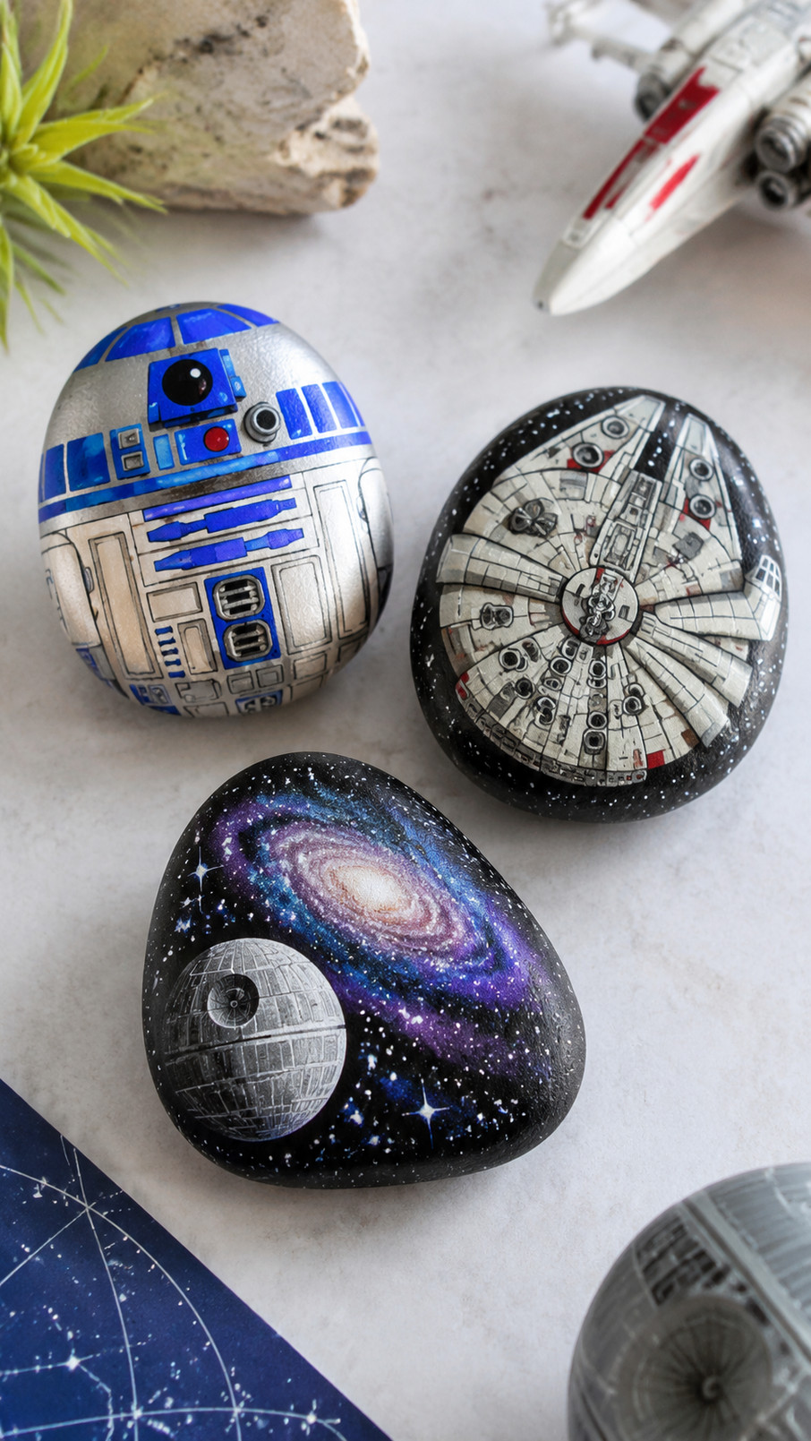 A painted R2-D2 pebble with white, blue, and gray details displayed as a colorful Star Wars rock craft.