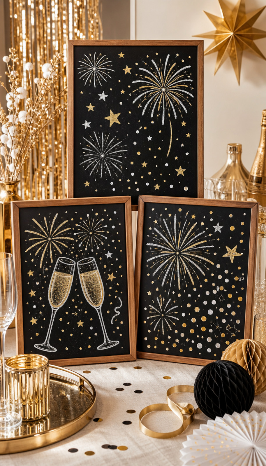 New Year’s chalkboard art featuring oversized golden numerals, tiny stars, and curling flourishes on a black background.