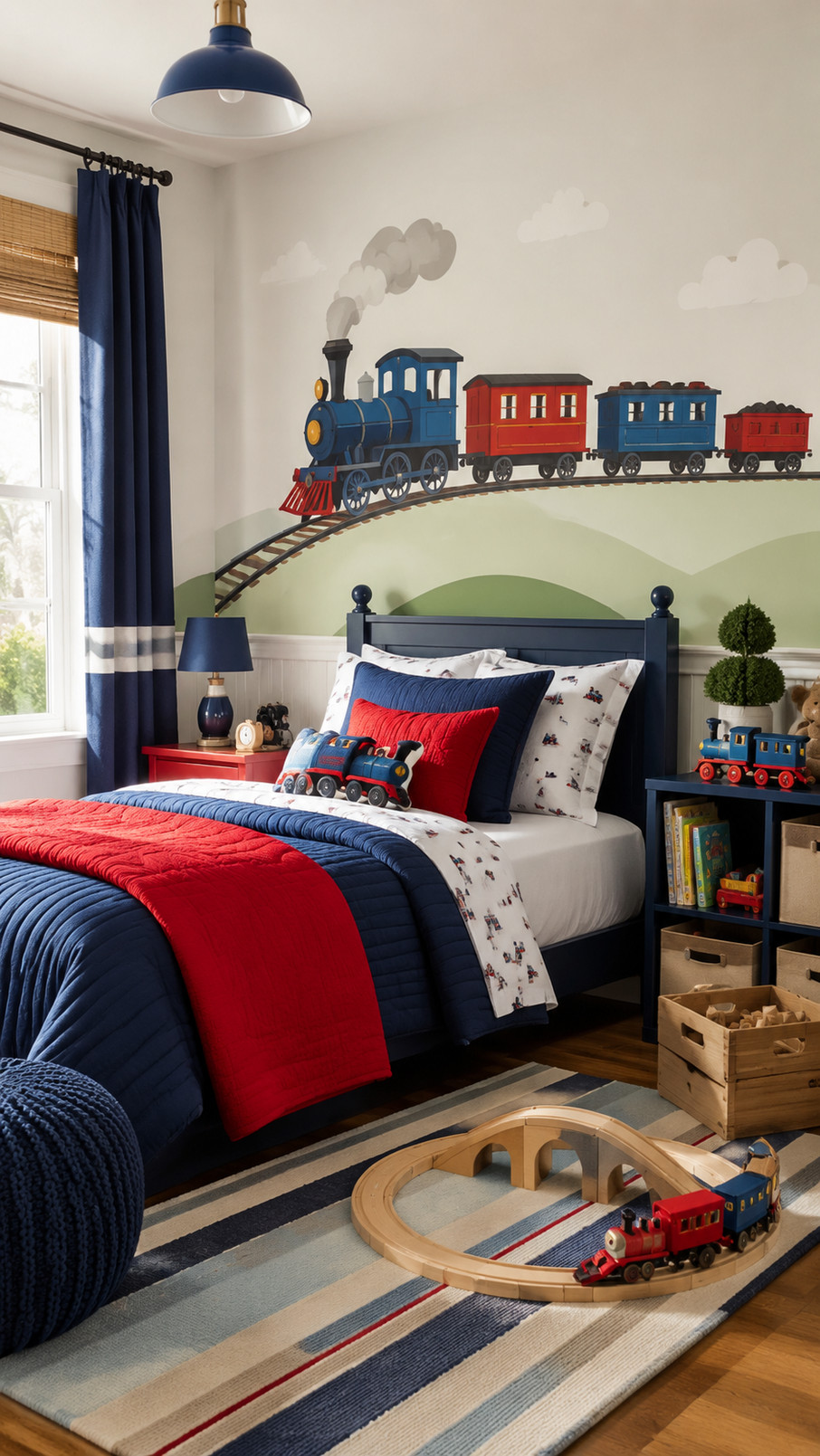 Photo of a kids' train-themed bedroom featuring a railway station reading nook with a station sign, wooden bench, and red-and-blue accents.