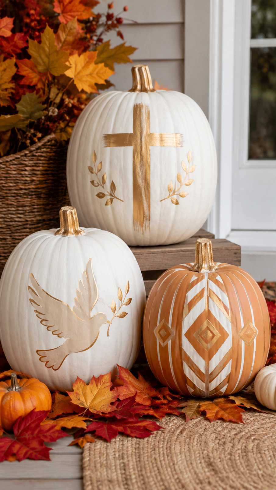 Painted Christian pumpkin featuring Noah’s Ark, colorful animals, and a bright rainbow on a warm creamy background.