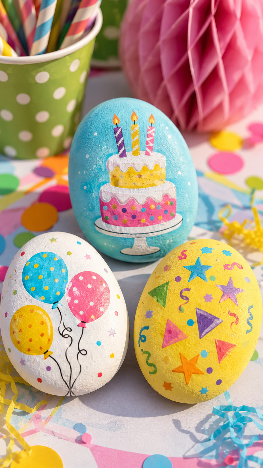 Painted birthday rock featuring a colorful layered cake with rainbow frosting, sprinkles, and a golden candle.