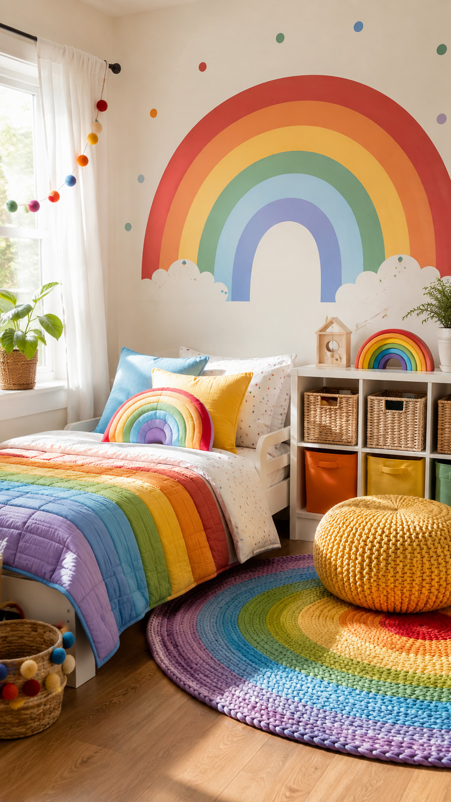 A colorful rainbow cloud shelf mounted on a children's bedroom wall and displaying books and small toys.