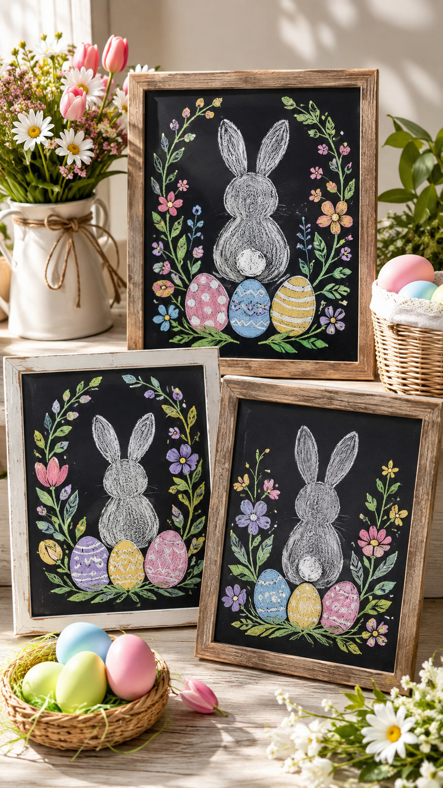 Chalkboard art featuring a rainbow egg arch with pastel Easter eggs, clouds, flowers, and green leaves.