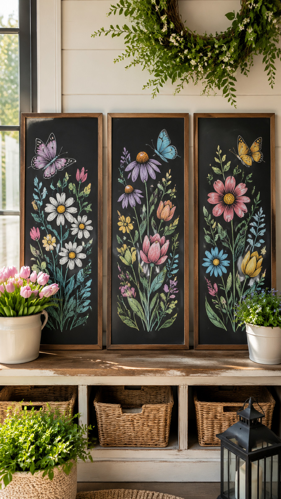 A colorful spring chalkboard featuring a rainbow, cheerful flowers, and curling green vines.