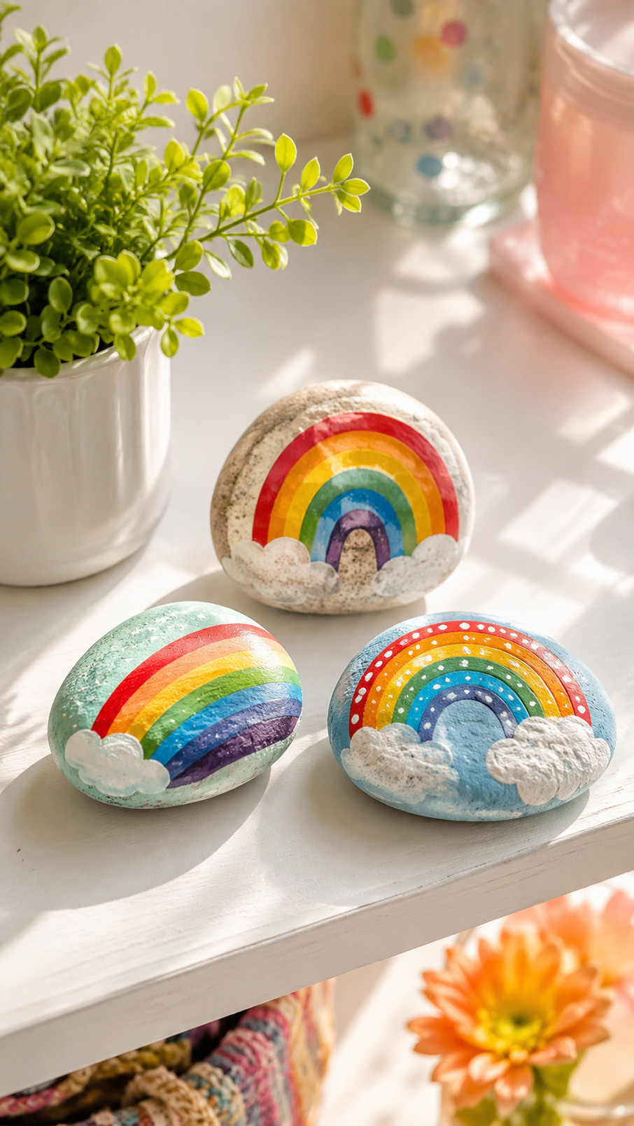 A row of colorful rainbow painted rocks arranged like a garden path beside green plants.