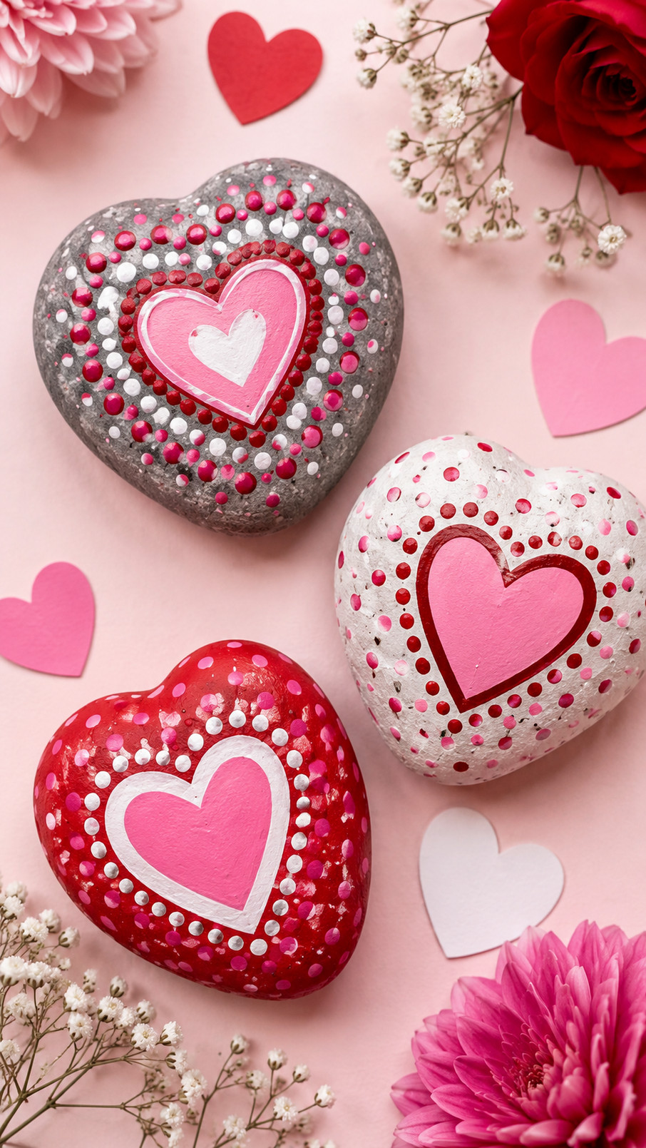 Photo of rainbow heart painted rocks featuring colorful layered hearts on smooth stones for Valentine’s Day.
