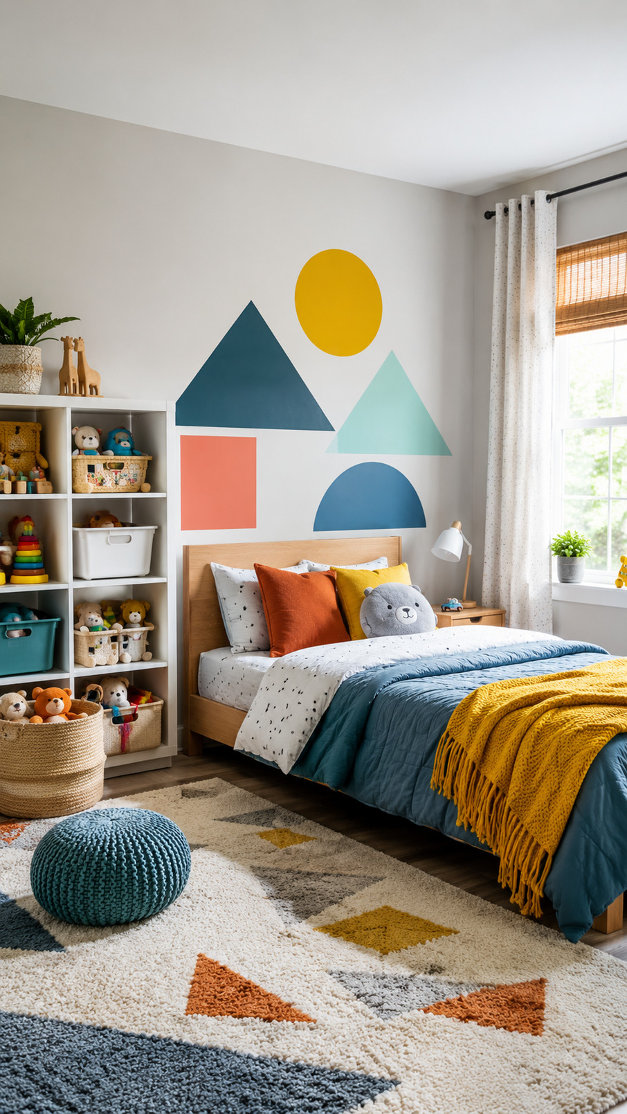Colorful rainbow-shaped wall shelves display children's books and toys in a modern kids' bedroom.