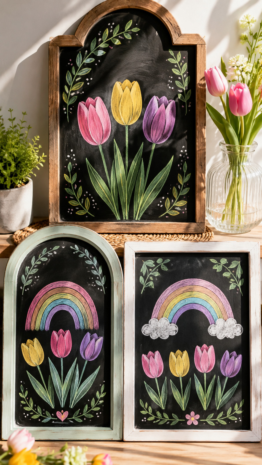 March chalkboard art featuring blue raindrops, silvery clouds, and yellow spring flowers in a cheerful rainy day scene.
