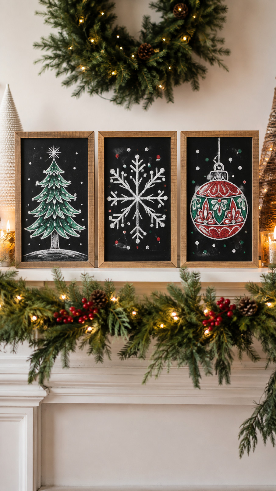 Christmas chalkboard art featuring a cheerful reindeer with rosy cheeks, golden antlers, and a bright red scarf.