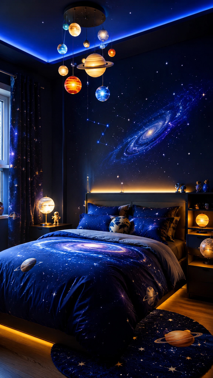 Photo of a galaxy-themed bedroom featuring a rocket-shaped bed alcove, midnight-blue panels, silver accents, star details, navy bedding, and warm amber lighting.