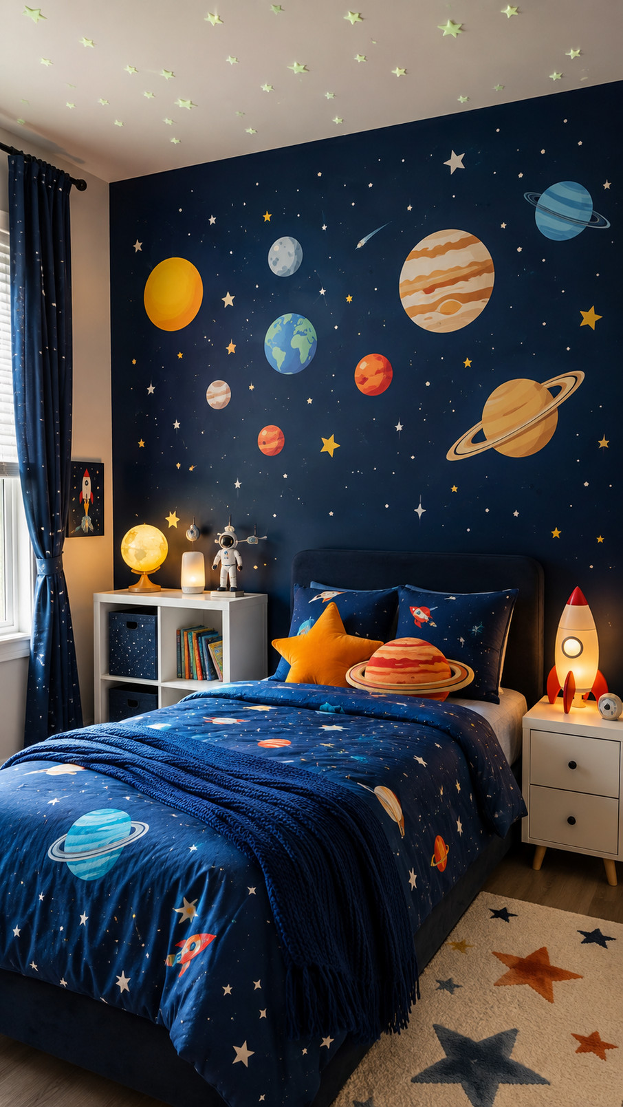 A rocket ship bookshelf with red, white, and blue details displays children’s books in a galaxy-themed bedroom.