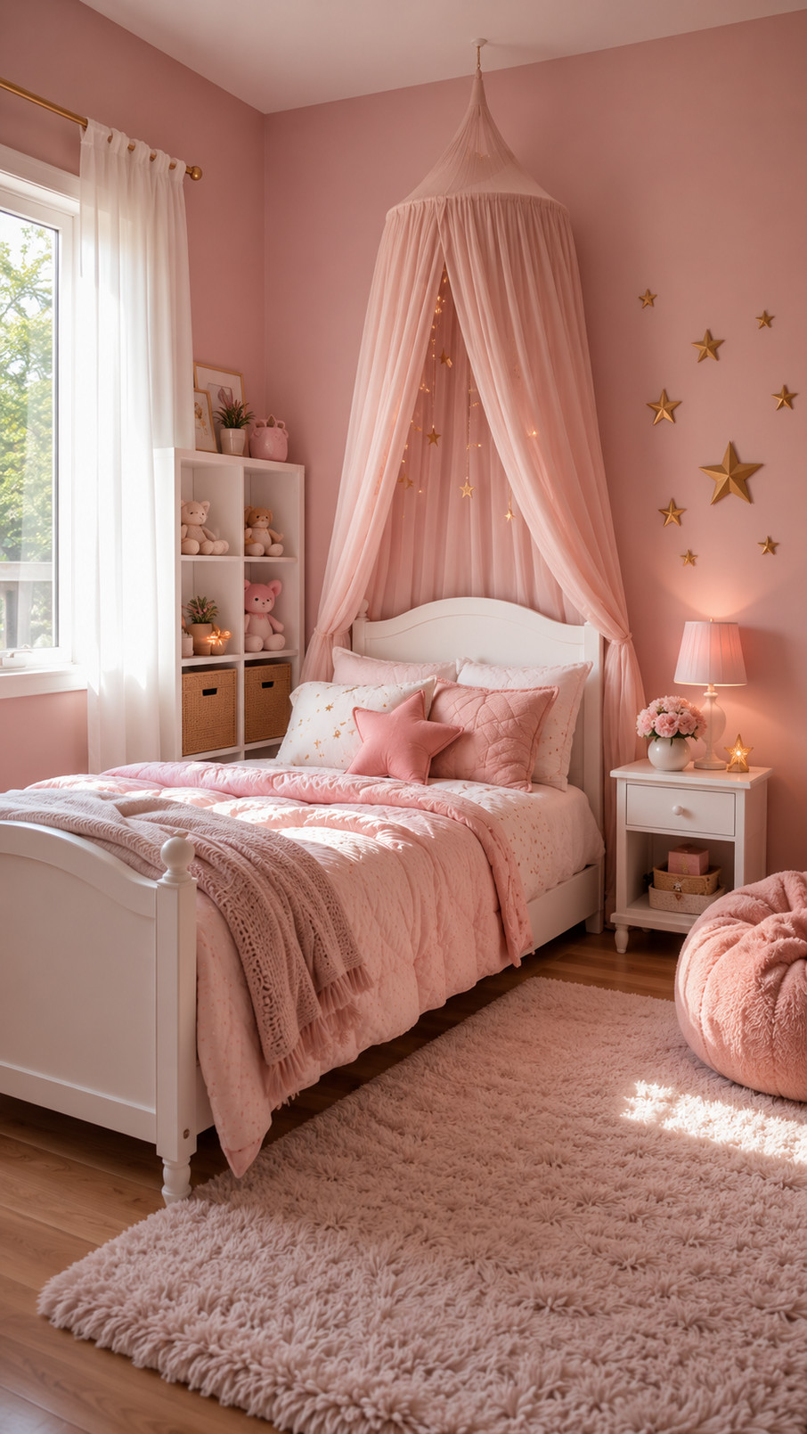 A rose pink chandelier hangs from the ceiling of a girl's bedroom, illuminating the soft pink decor with a warm, magical glow.