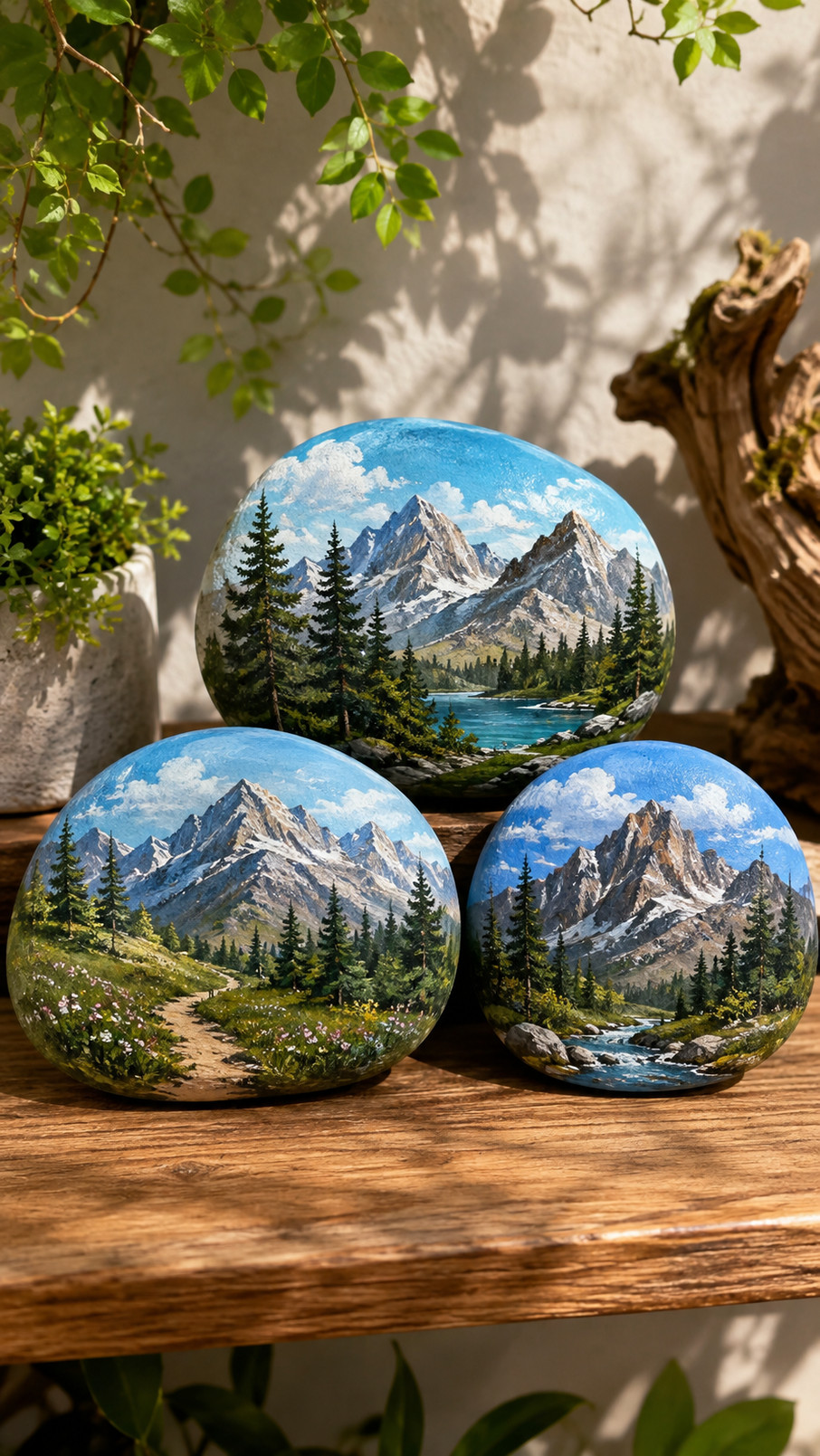 A mountain painted rock featuring a tiny log cabin with glowing windows, layered peaks, evergreen slopes, and a curling chimney plume.