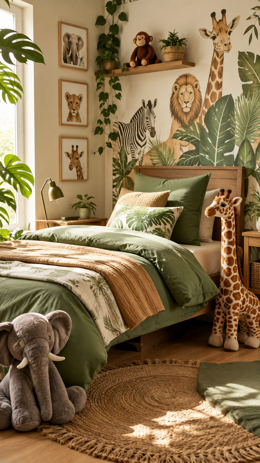 Framed safari map wall art featuring jungle animals, earthy green colors, and warm tan details in a child's bedroom.