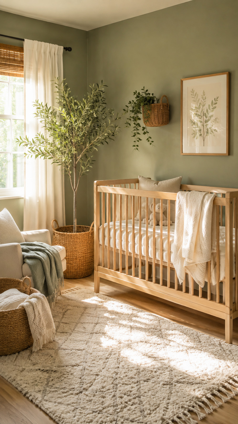 A sage green botanical wall art print hangs above a nursery crib with natural wood and cream decor.