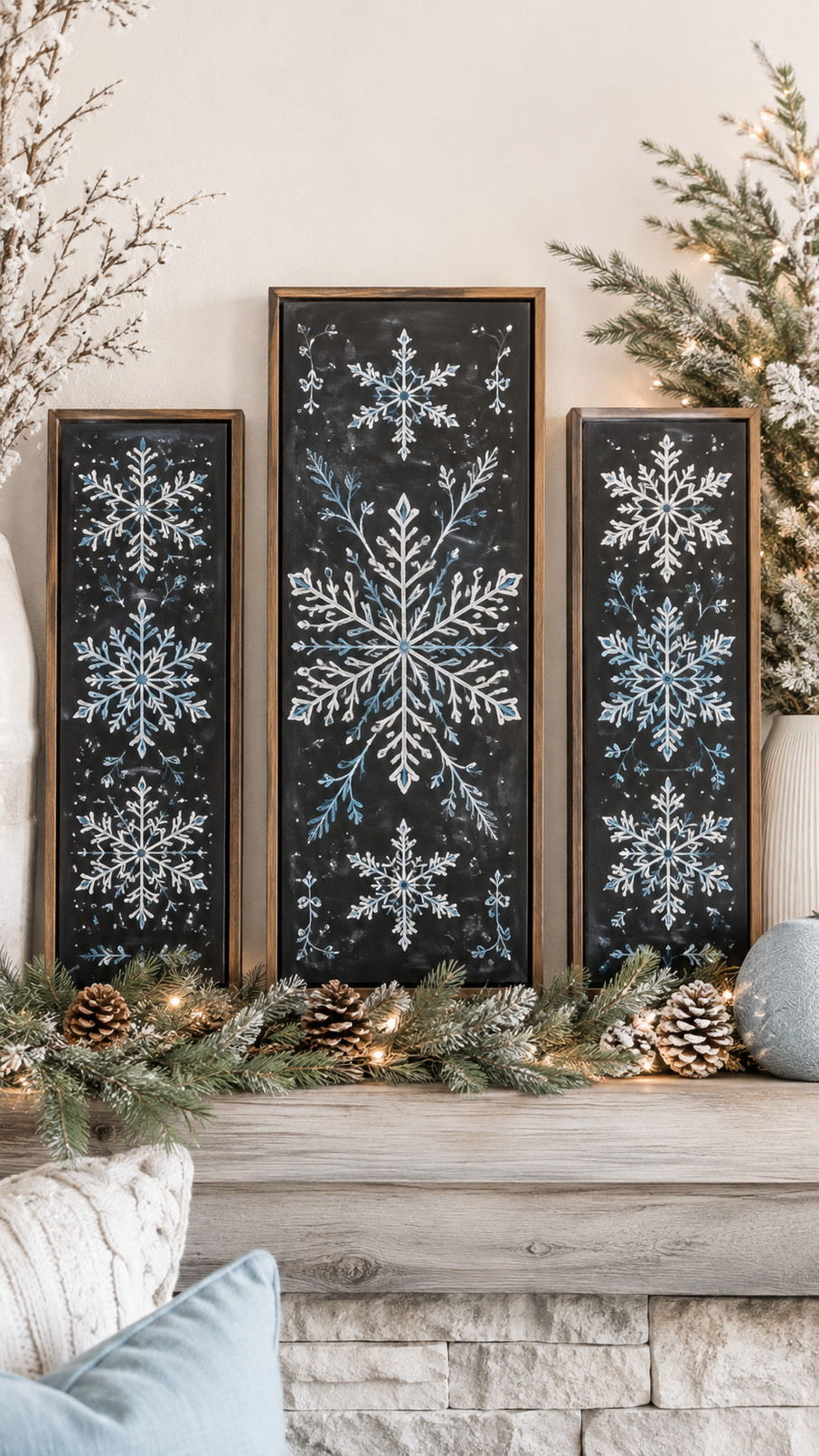 A Scandinavian snowflake chalkboard art design with clean white lines on a dark background for cozy winter decor.