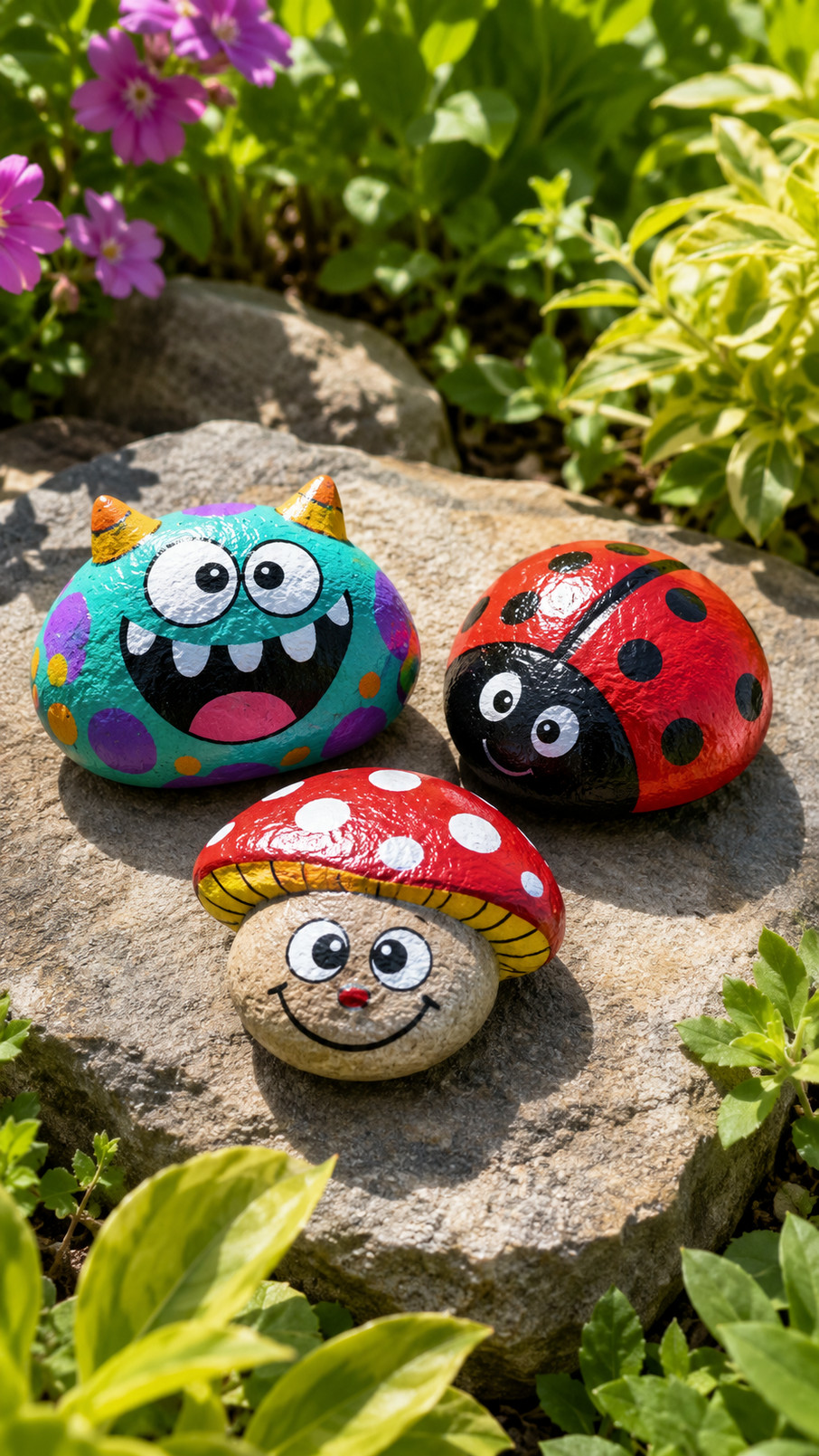 Photo of funny painted rock ideas shaped like cheerful snacks with candy colors, sprinkle-like dots, rosy cheeks, and wide cartoon smiles.