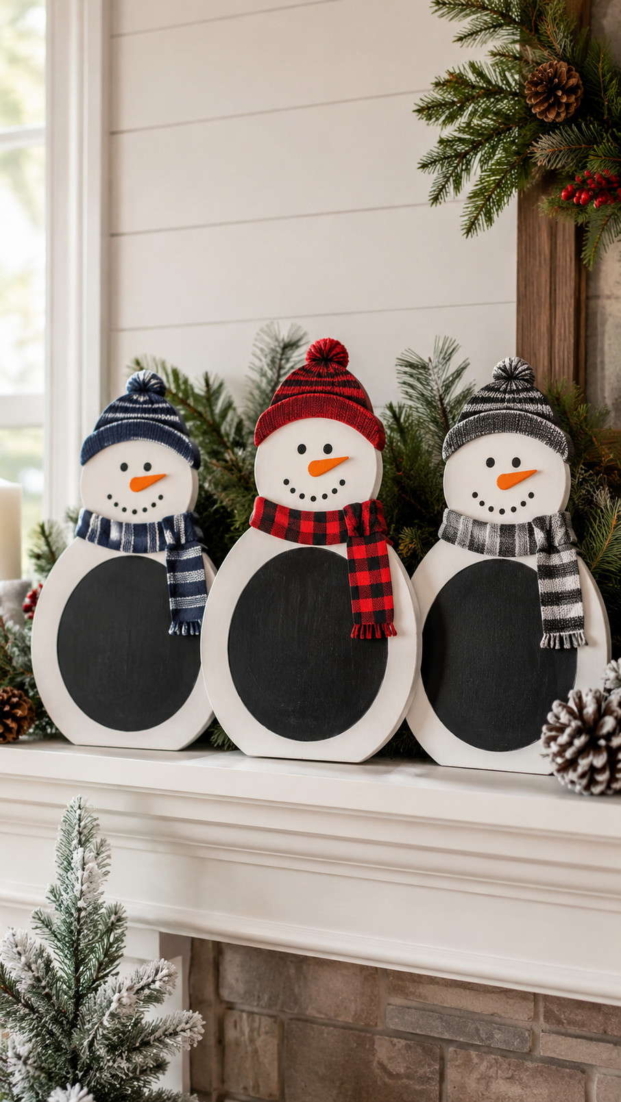 Chalkboard snowman scene inside a snow globe with swirling snowflakes, blue accents, and a snowy winter landscape.