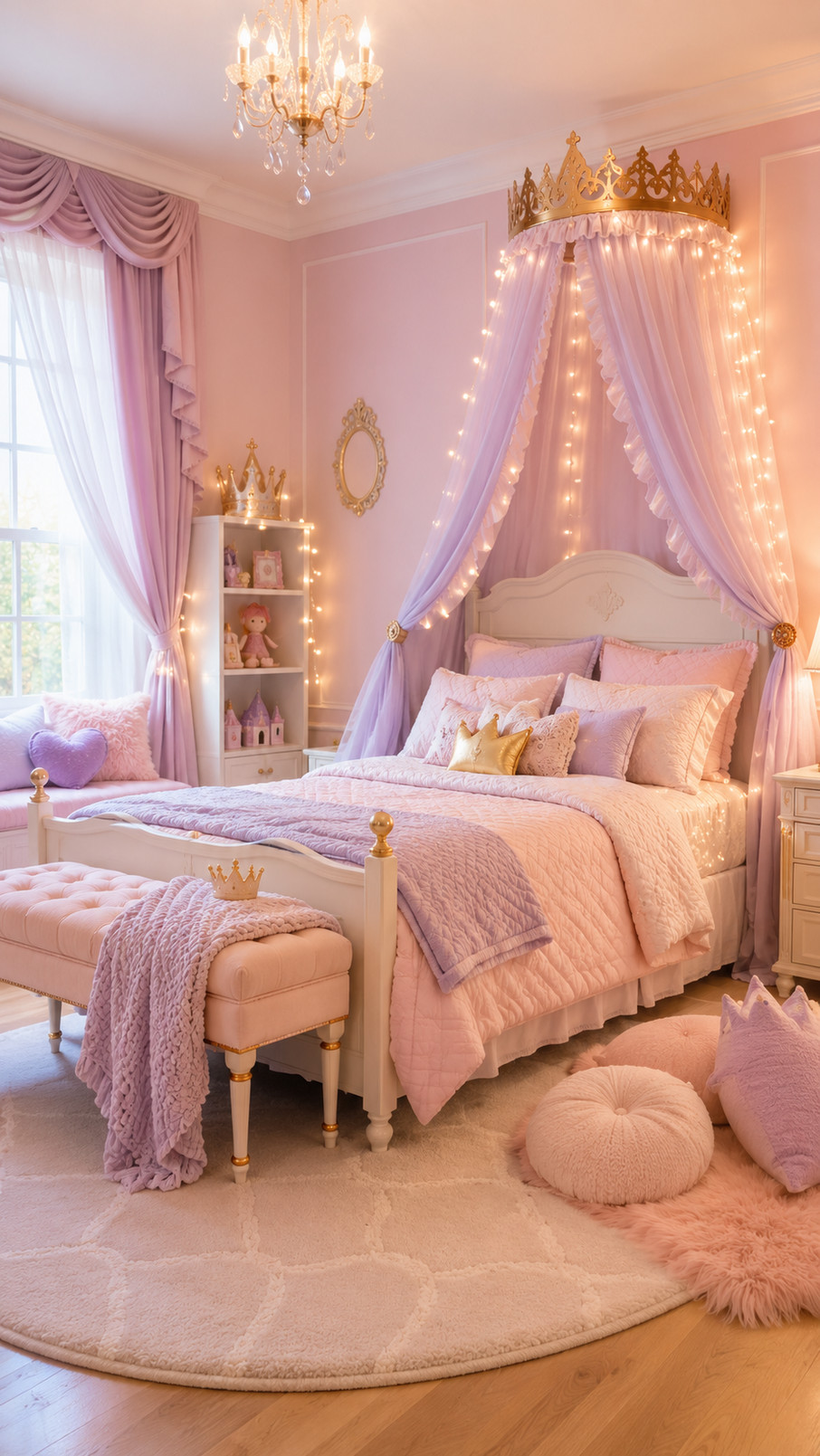 Sparkling crystal chandelier hanging in a pink princess bedroom with shimmering lights and elegant royal decor.