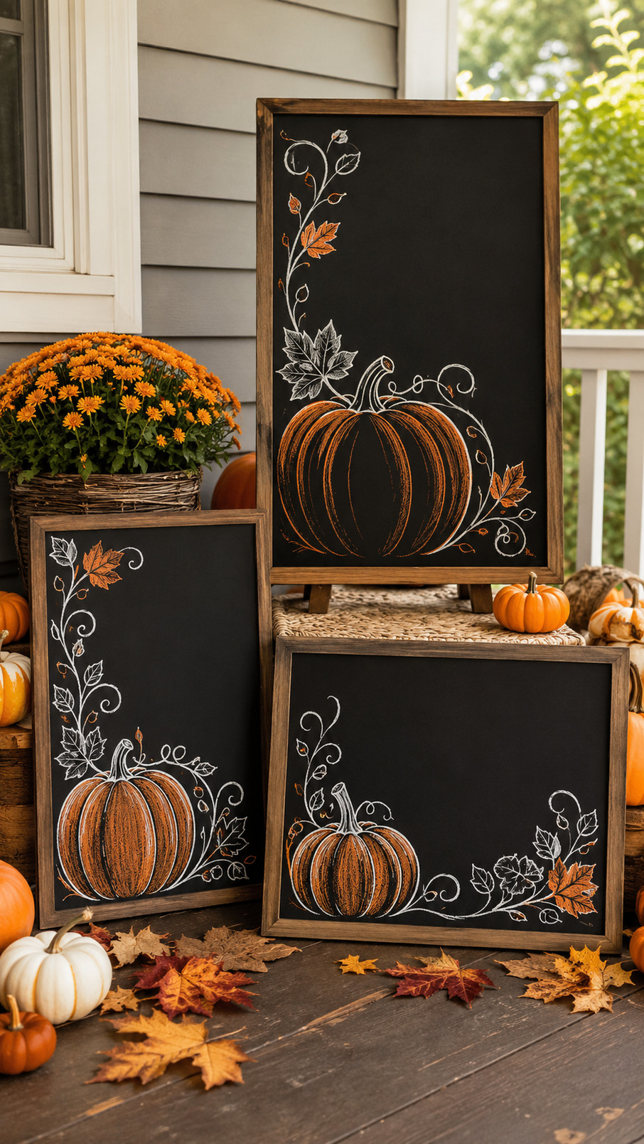 A chalkboard displays rounded orange pumpkins in cinnamon, amber, and cream chalk with welcoming hand-lettered script.