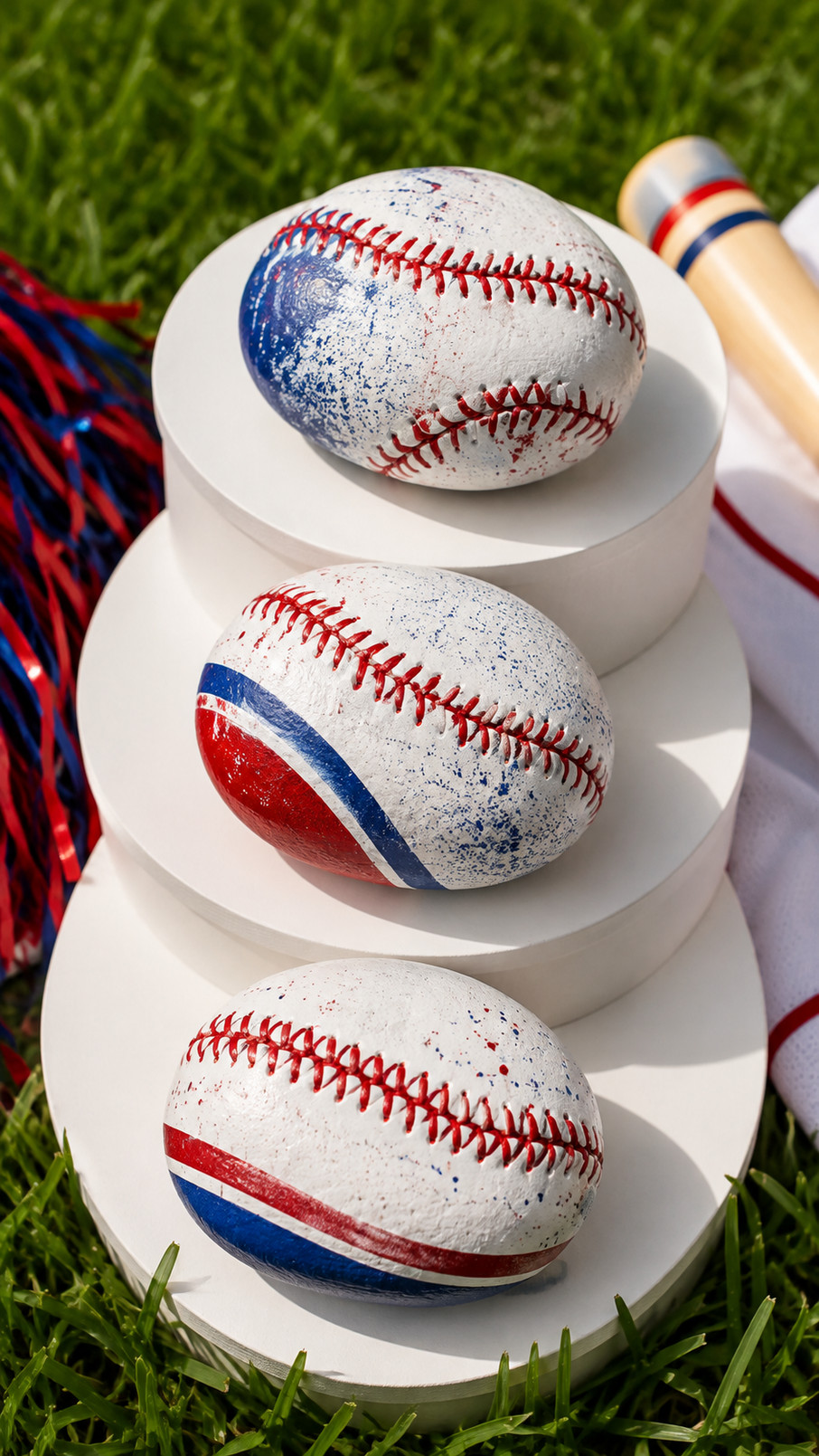 A baseball painted rock with a creamy white ball, red stitches, deep navy shadows, and tiny yellow starbursts displayed on a summer porch.