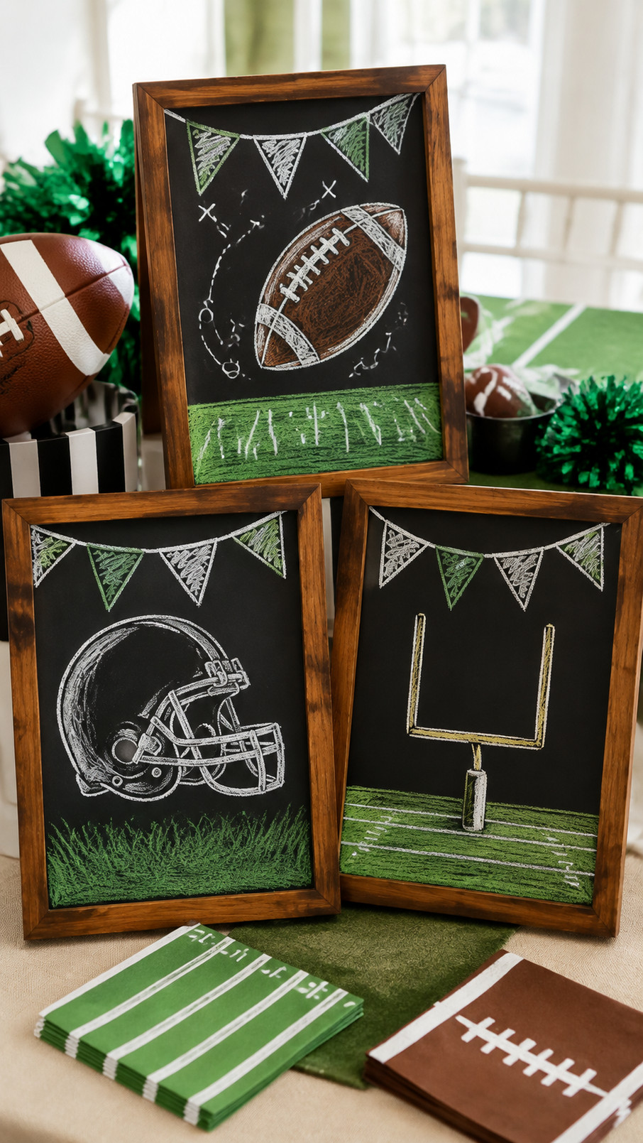 Football chalkboard featuring stadium lights, white lettering, golden accents, and deep green game day details.