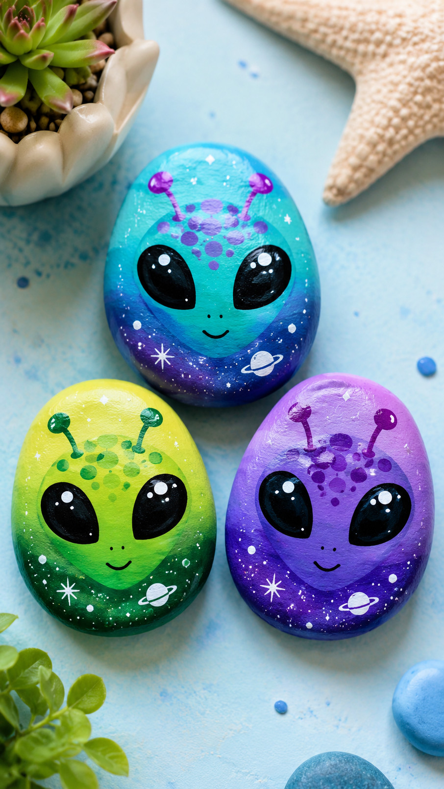 Lavender alien painted rock in a midnight garden with coral planets, silver stars, and turquoise vines.