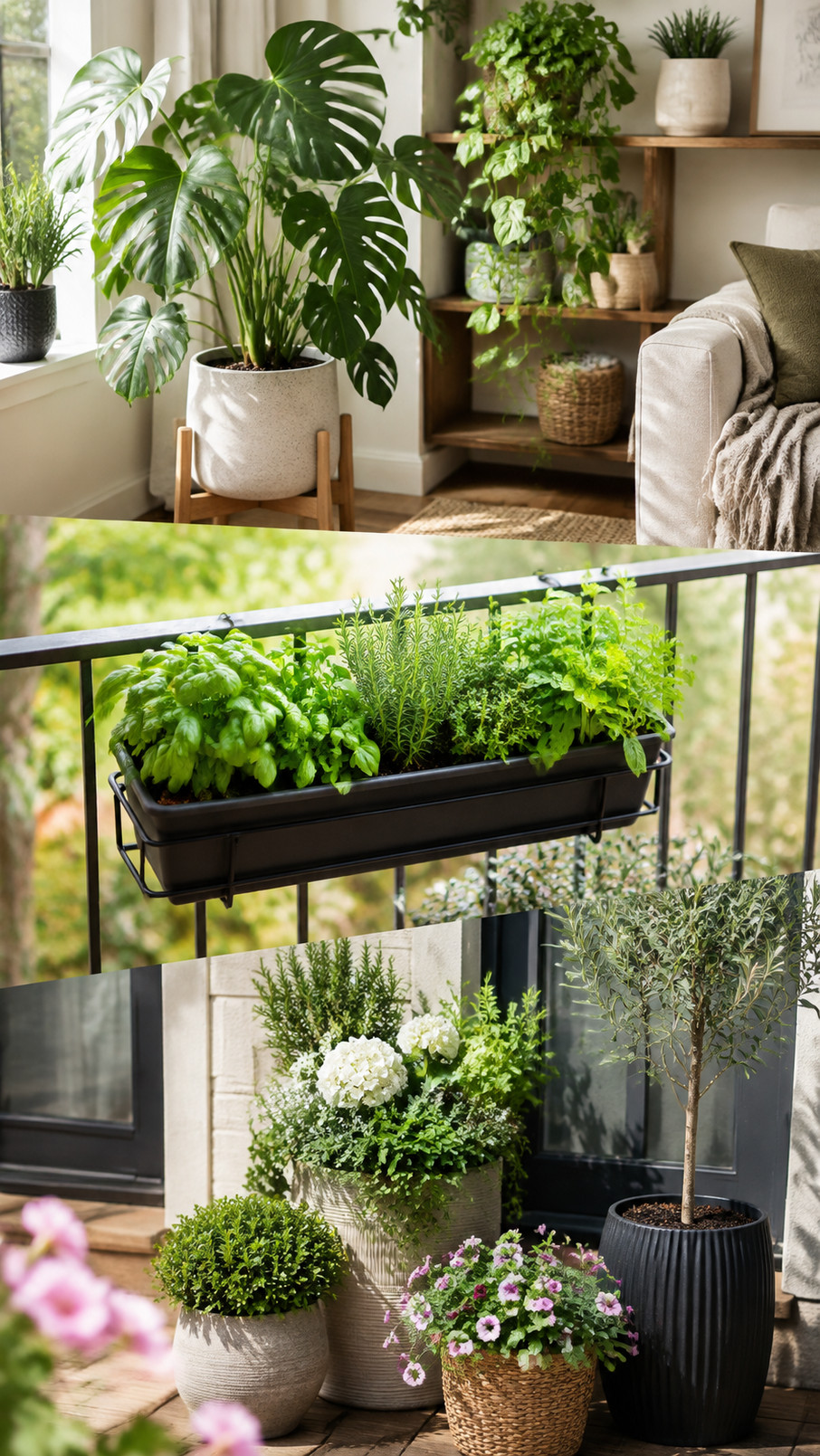 Sunlit conservatory bench with potted ferns, trailing vines, and warm wood in a bright indoor garden corner.
