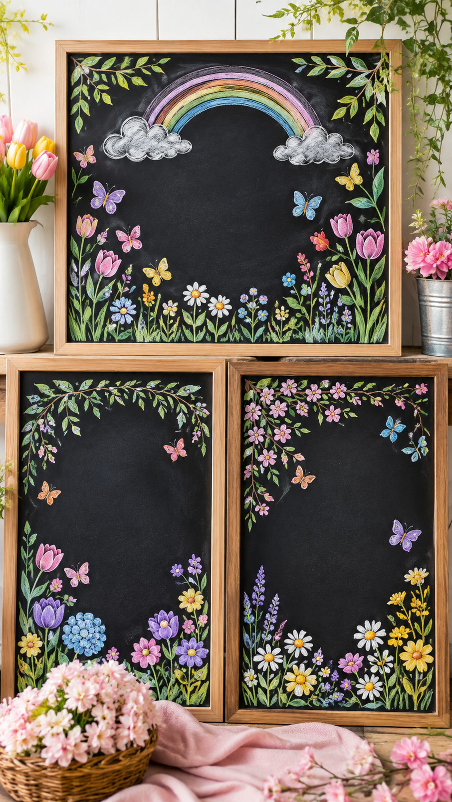 Spring chalkboard art featuring sunny yellow flowers, green leafy stems, and a cheerful garden scene.
