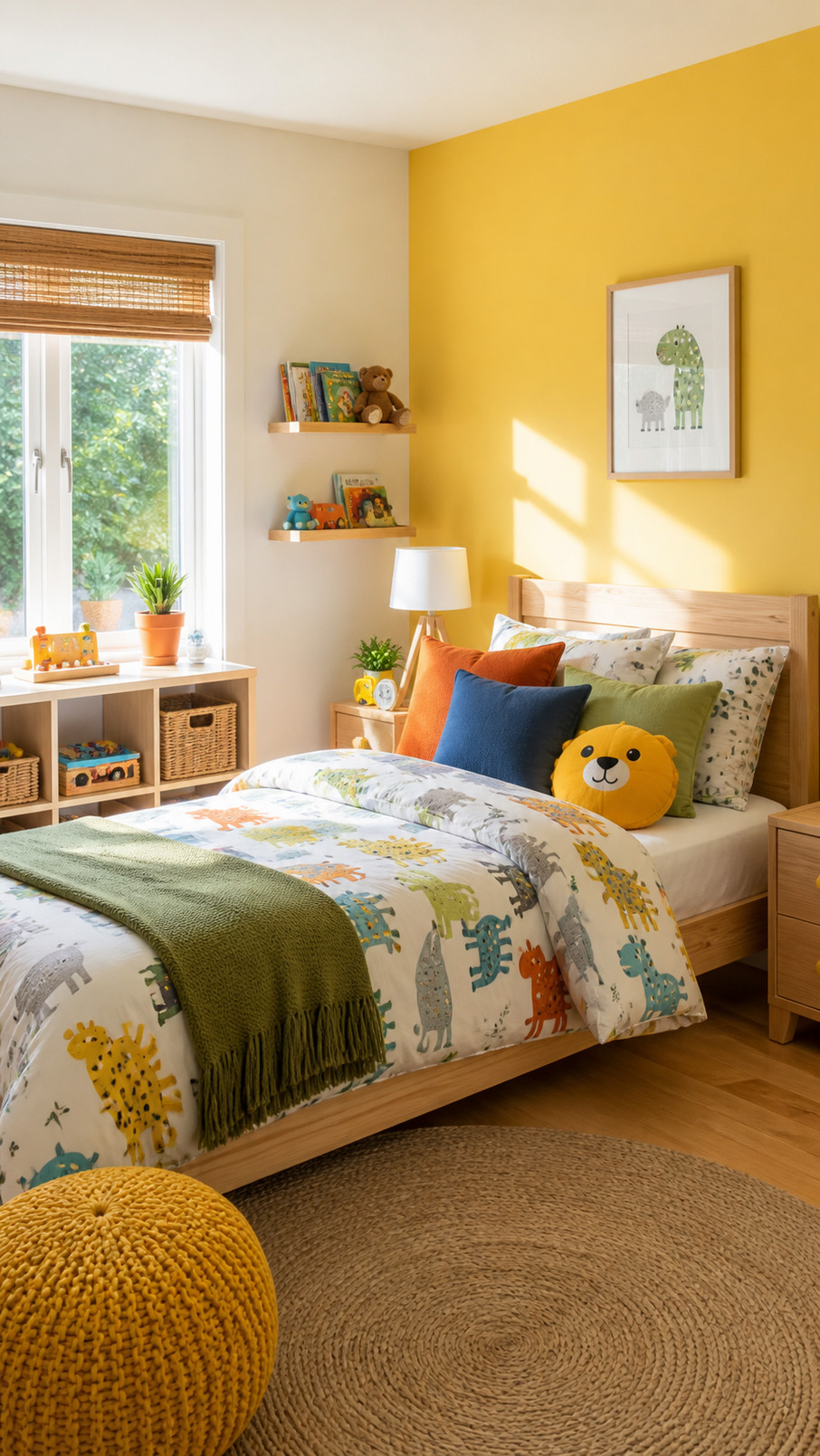 Cheerful yellow sunshine wall art with playful rays displayed above a child's bed in a bright bedroom.