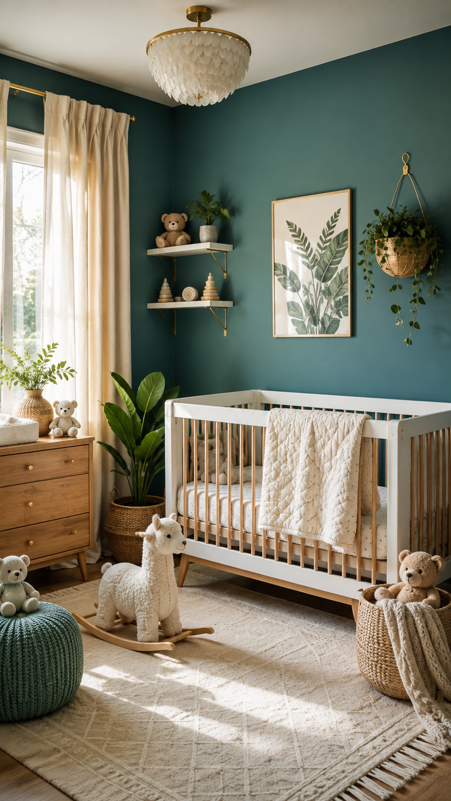 A flowing teal canopy creates a cozy, dreamy nook above a crib in a baby's nursery.