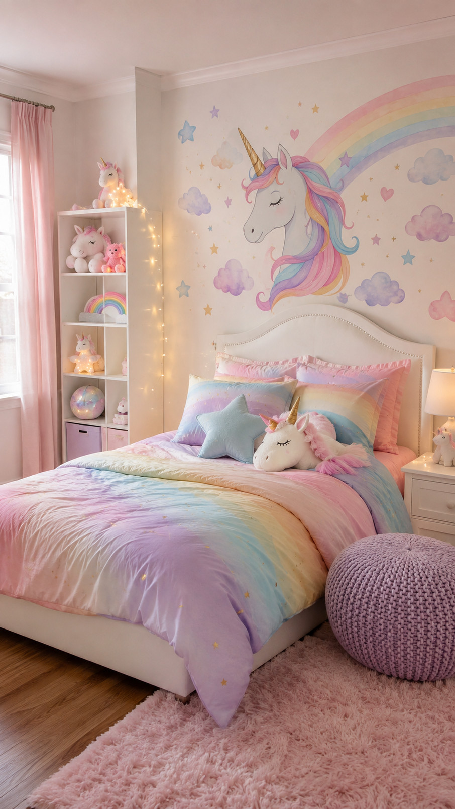 A unicorn night light glowing in pink, purple, and blue beside a child’s bed in a magical unicorn-themed bedroom.