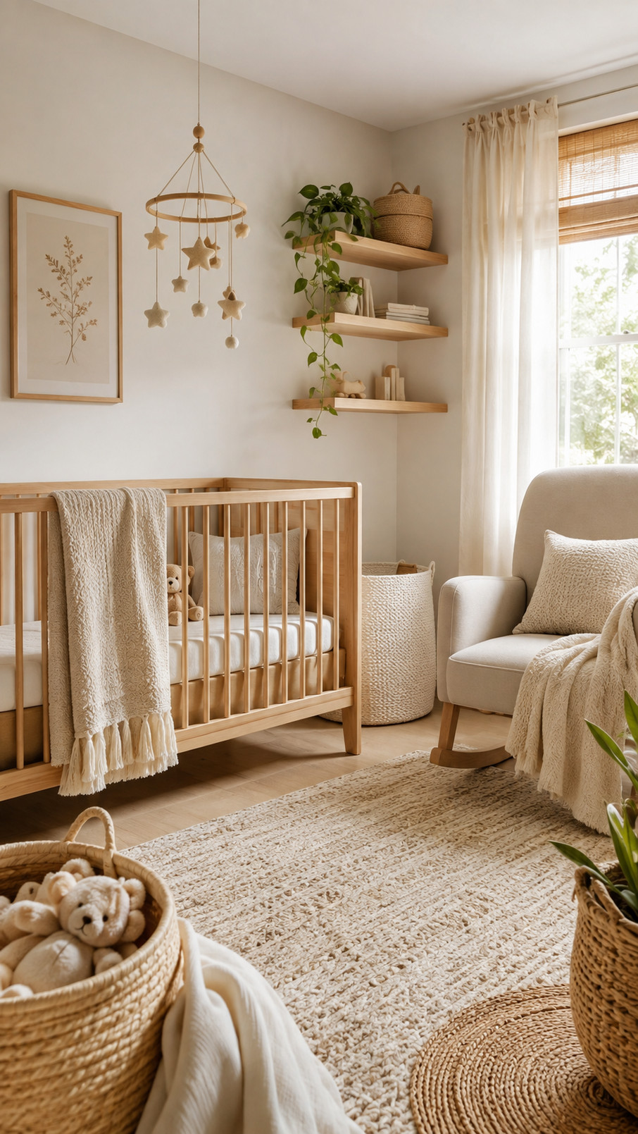 A simple woven pendant light hangs above a minimalist nursery, casting warm golden light over the crib and neutral furnishings.