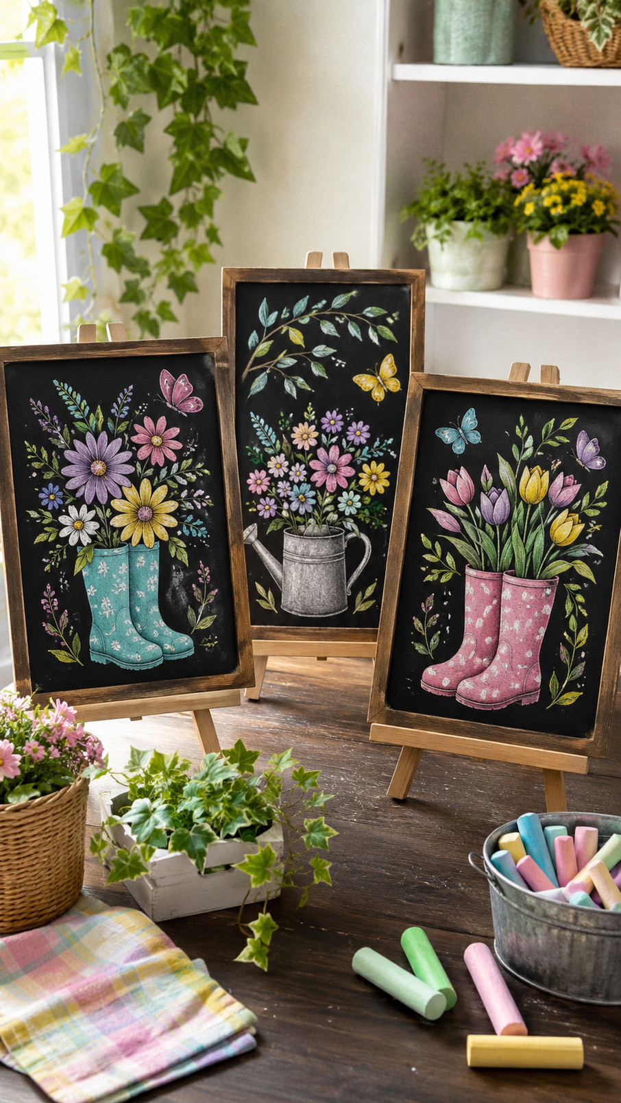 Spring chalkboard art featuring a whimsical garden gate, curling vines, pastel blossoms, and cheerful seasonal lettering.