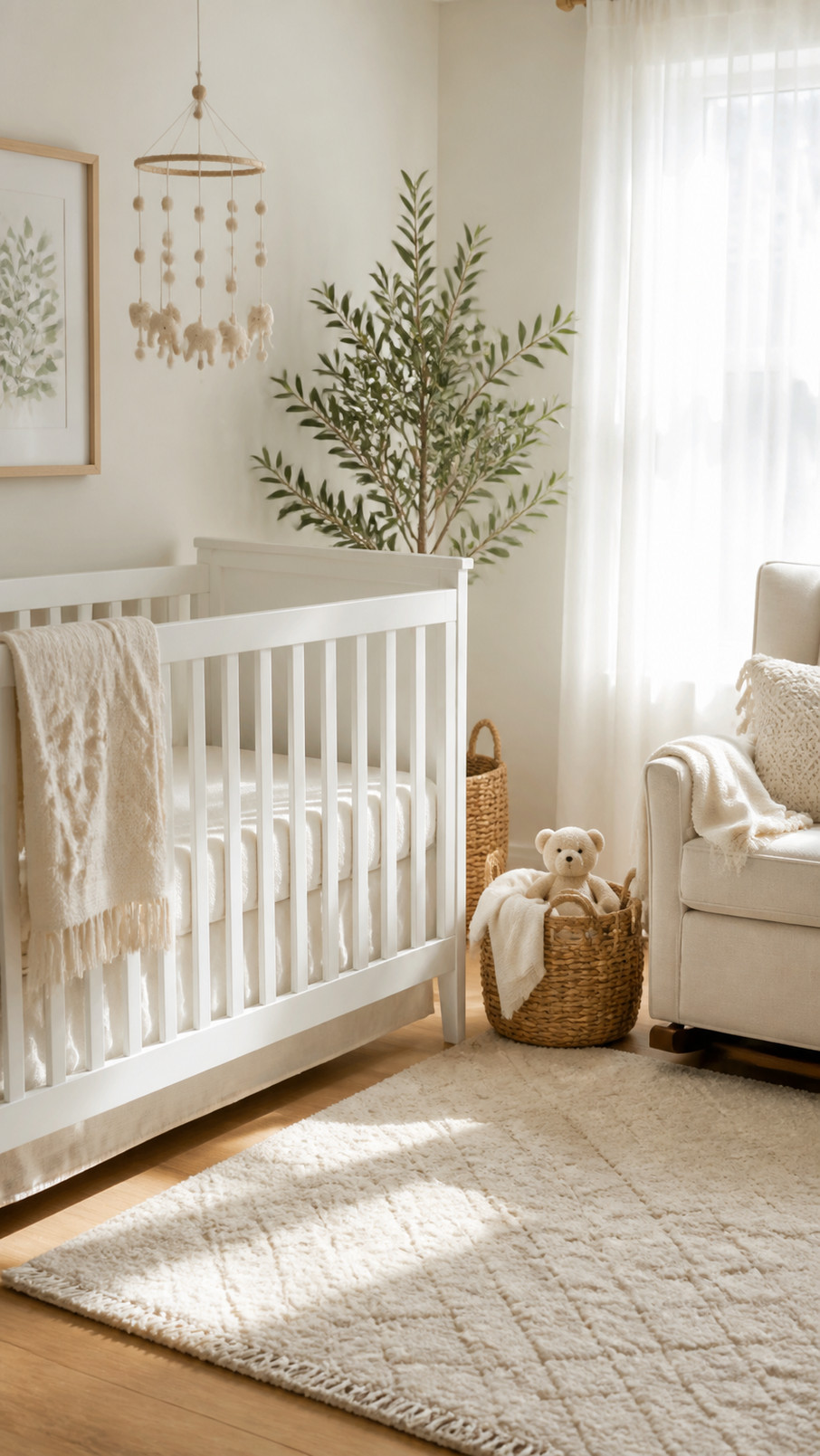White cloud mobile hanging above a crib in a serene white nursery with soft neutral decor.