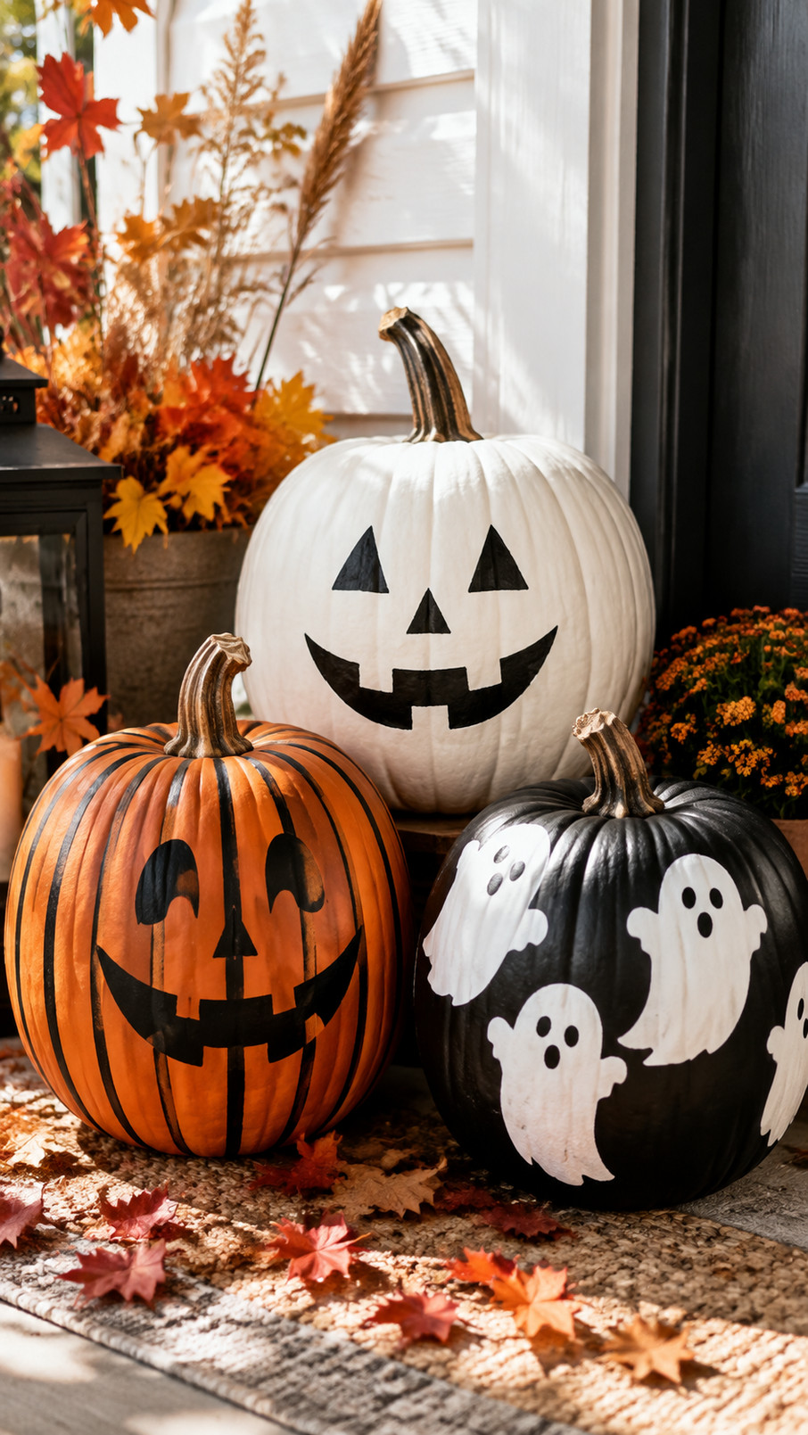 A pumpkin painted as a whimsical purple and black witch’s hat with silver Halloween details.
