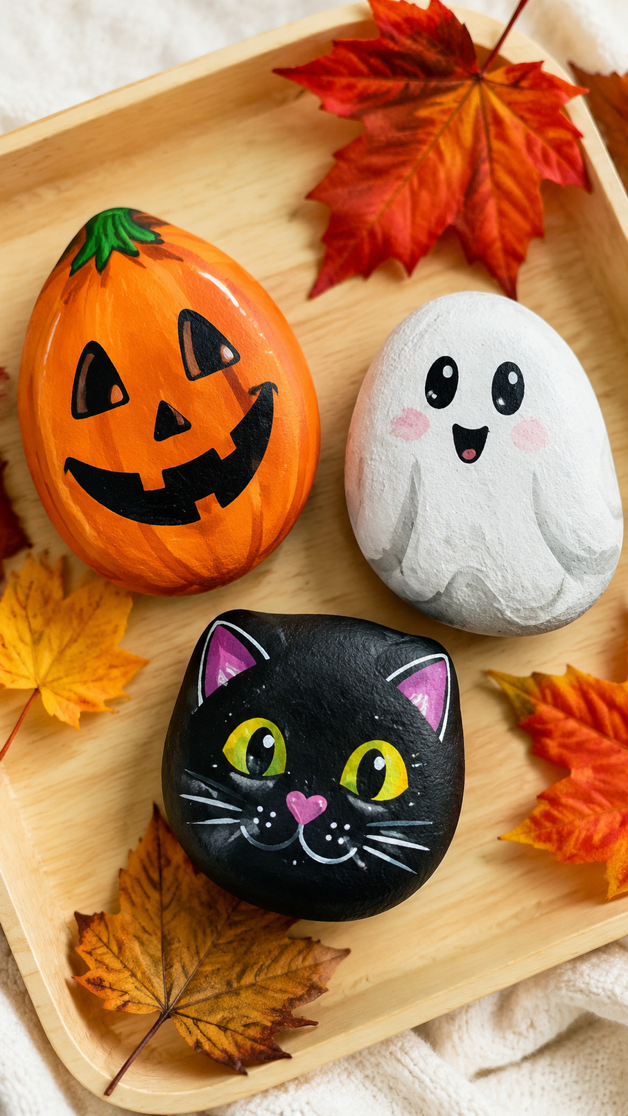 Painted Halloween rocks decorated as black witch cauldrons filled with colorful purple, green, and orange potions.