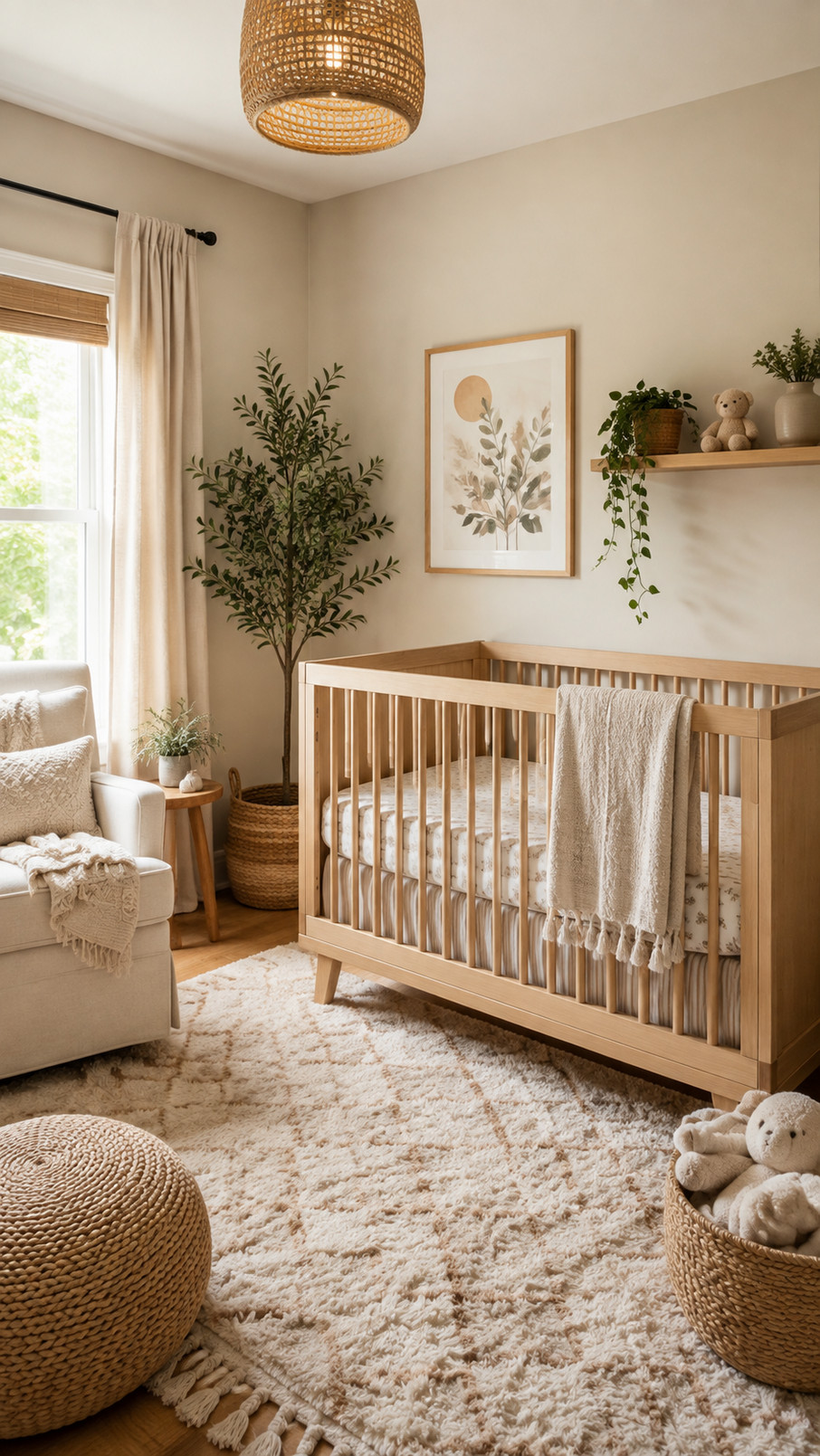 A woven basket hamper sits in a modern nursery beside a wooden crib, filled with soft blankets and small toys.