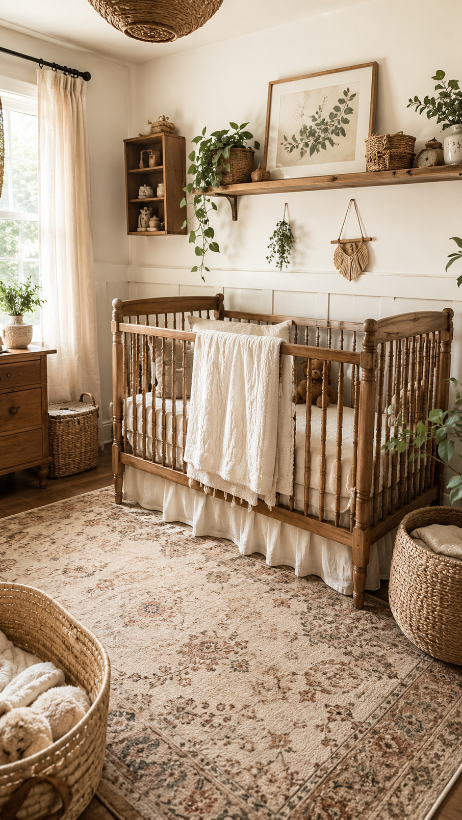 Woven storage baskets filled with baby blankets and toys in a cozy rustic nursery.