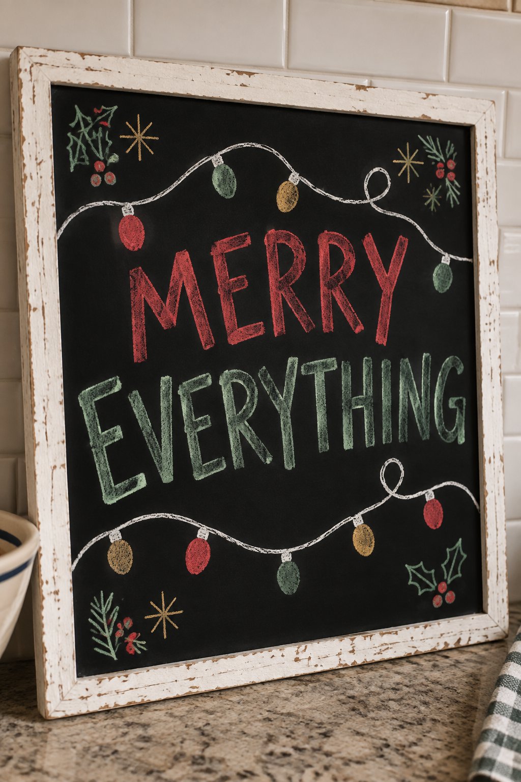 Merry Everything: a hand-drawn christmas chalkboard sign reading "MERRY EVERYTHING".