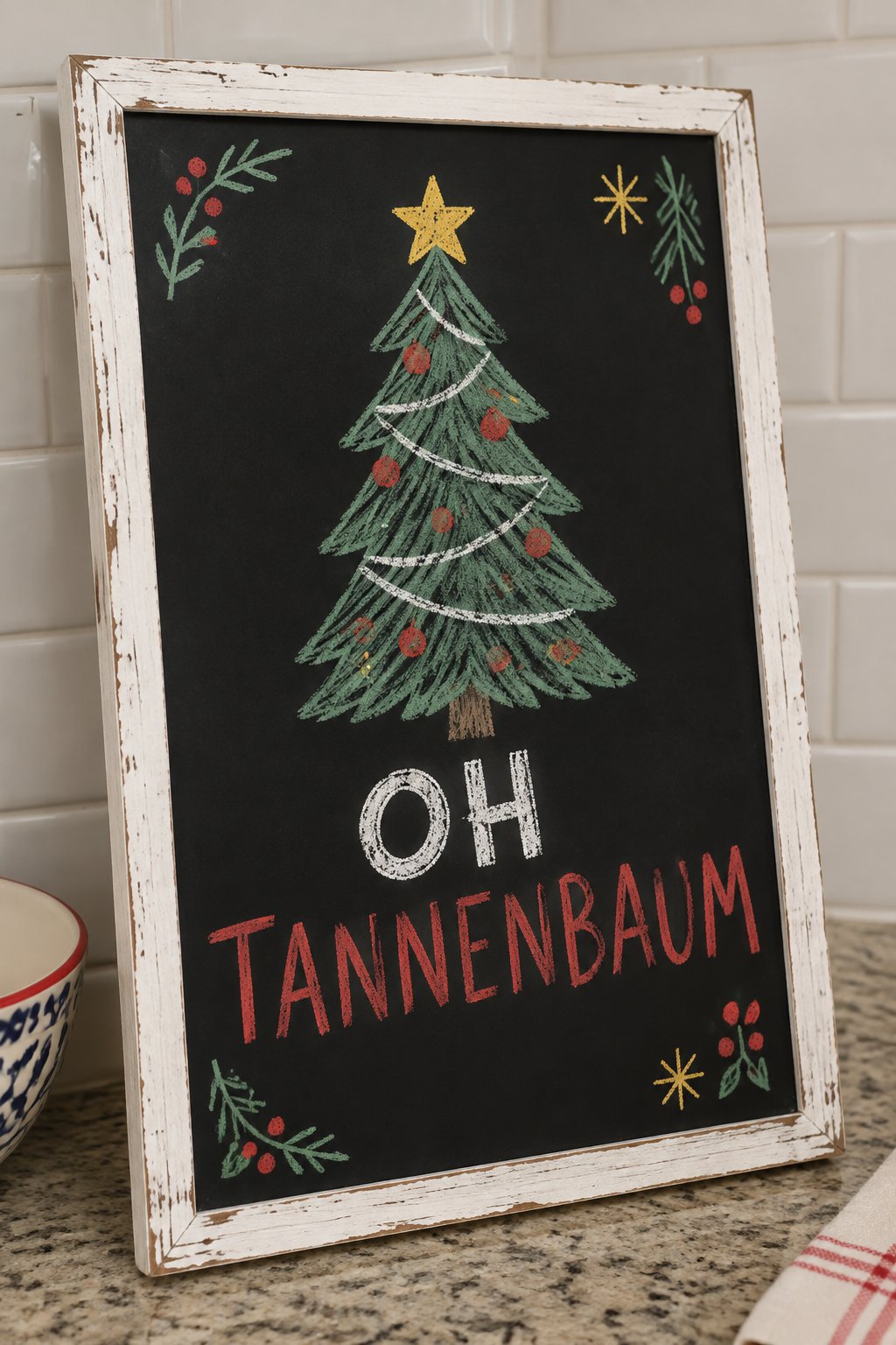 Oh Tannenbaum: a hand-drawn christmas chalkboard sign reading "OH TANNENBAUM".