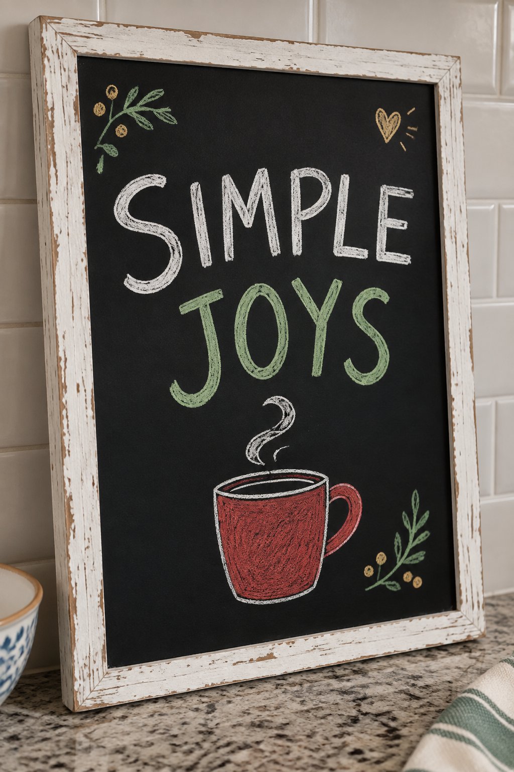 Simple Joys Mug: a hand-drawn christmas chalkboard sign reading "SIMPLE JOYS".