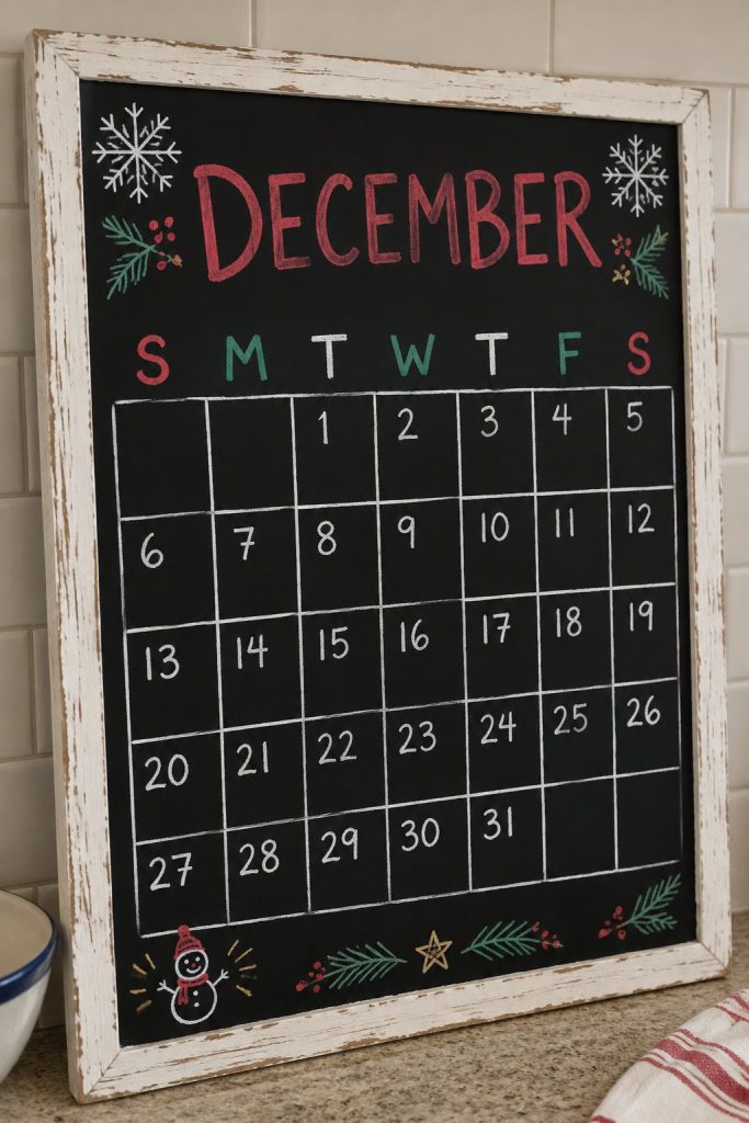 Snowy Month Grid: a hand-drawn christmas chalkboard sign reading "DECEMBER".