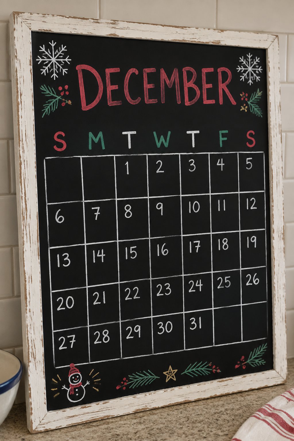 Snowy Month Grid: a hand-drawn christmas chalkboard sign reading "DECEMBER".