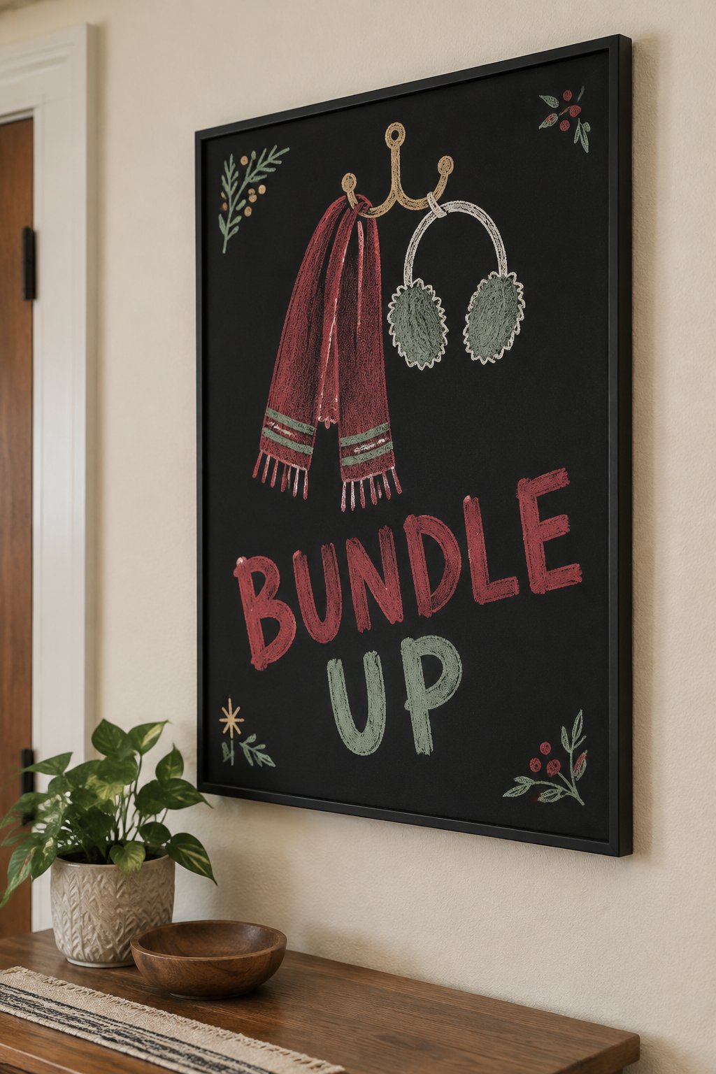 Bundle Up: a hand-drawn christmas chalkboard sign reading "BUNDLE UP".