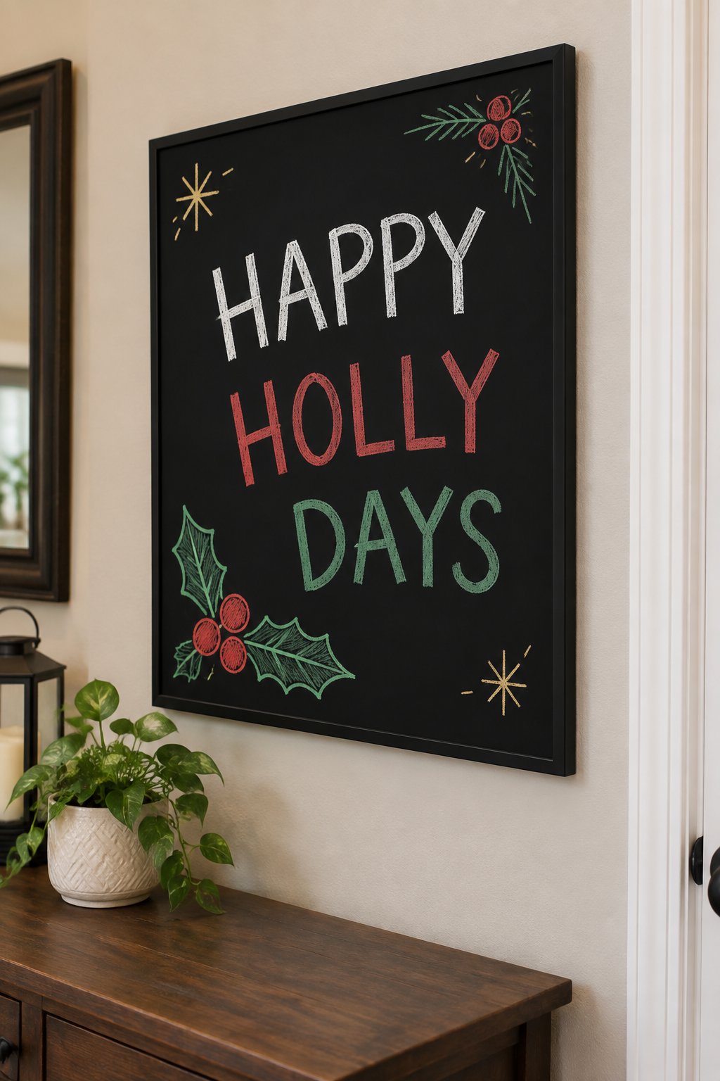 Happy Holly Days: a hand-drawn christmas chalkboard sign reading "HAPPY HOLLY DAYS".